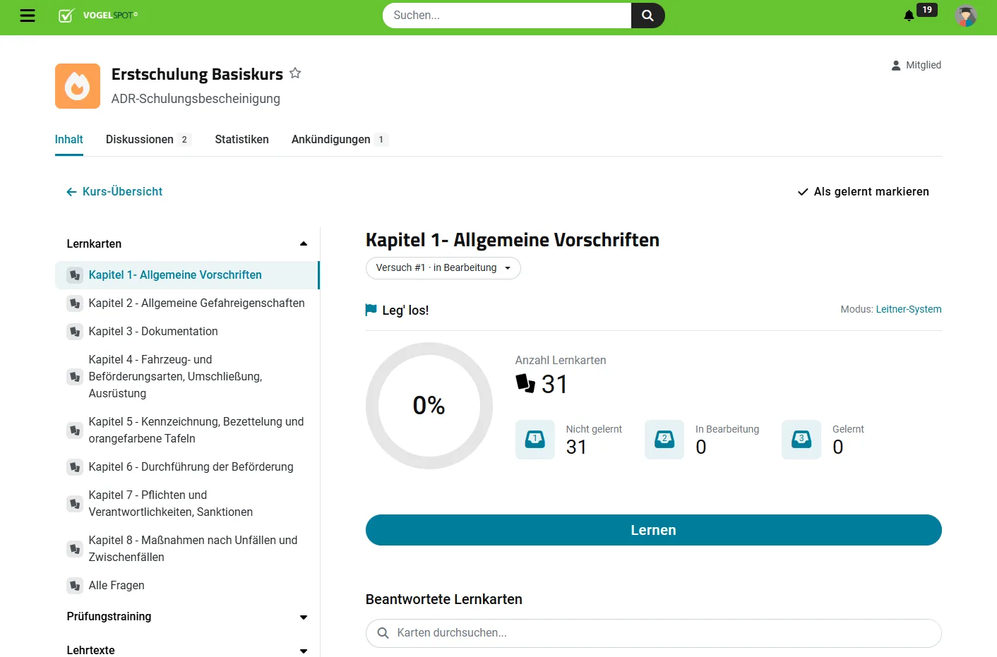 VogelSPOT Kursinhalt mit nach Lernfeldern gegliederten Lernkarten