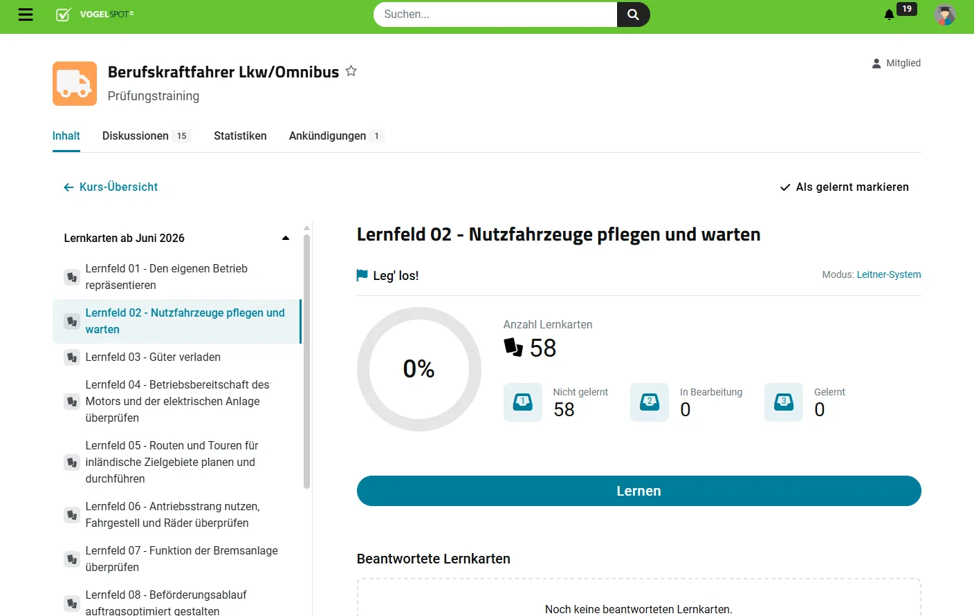 VogelSPOT Kursinhalt mit nach Lernfeldern gegliederten Lernkarten